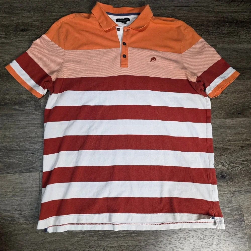 Banana Republic Mens XL Orange Red White Striped Pique Polo Shirt Stretch Cotton
